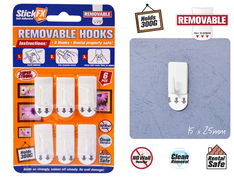 FX S/Adh. Hooks Removeable 3cm 300gm Pk 6